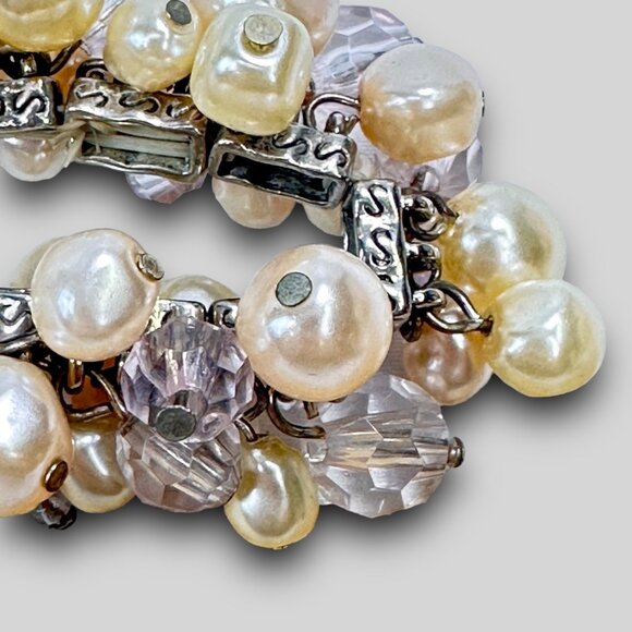 Simulated Pearl & Faceted Glass Bead Bracelet Stretch EUC Boho Bohemian Elegant - Picture 9 of 10